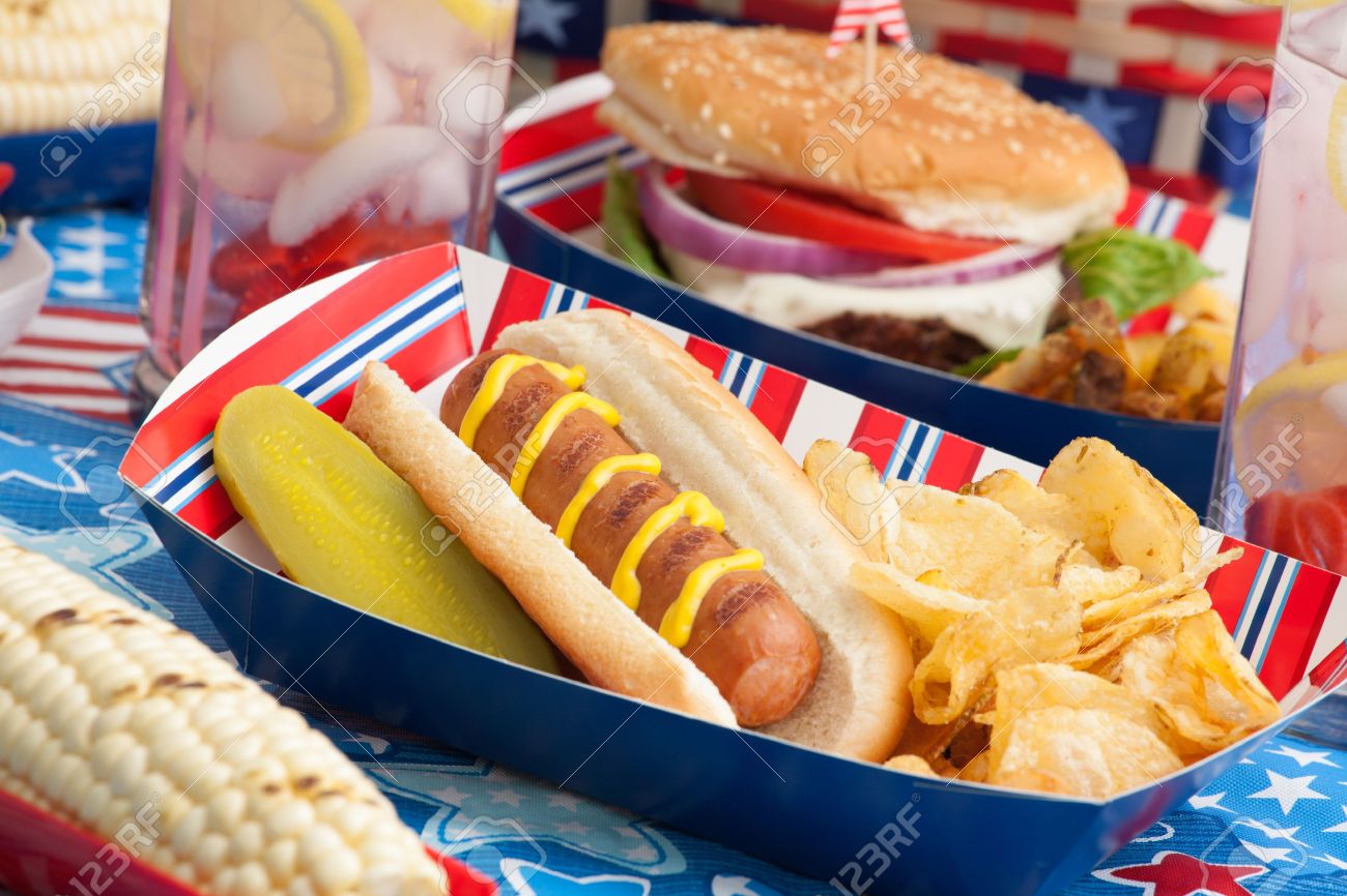 18537706-hot-dogs-corn-and-burgers-on-4th-of-july-picnic-in-patriotic-theme